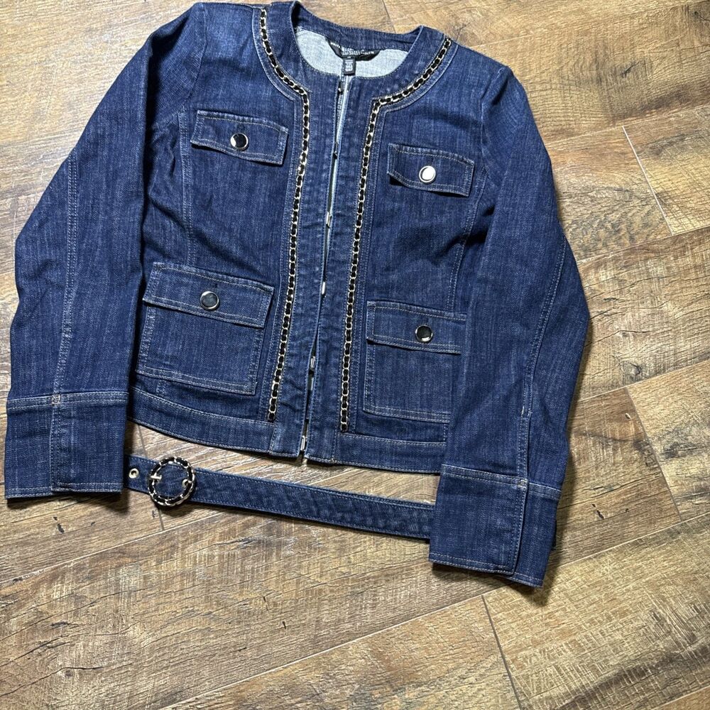 WHBM Denim Denim Jacket Size 10 Military Chain Detail Belt Jean Coat